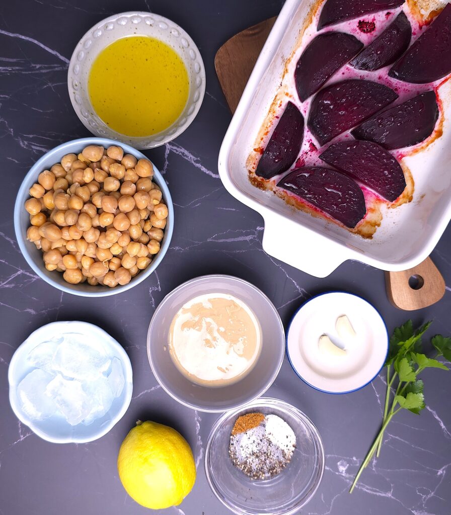 Beetroot hummus recipe ingredients in bowls