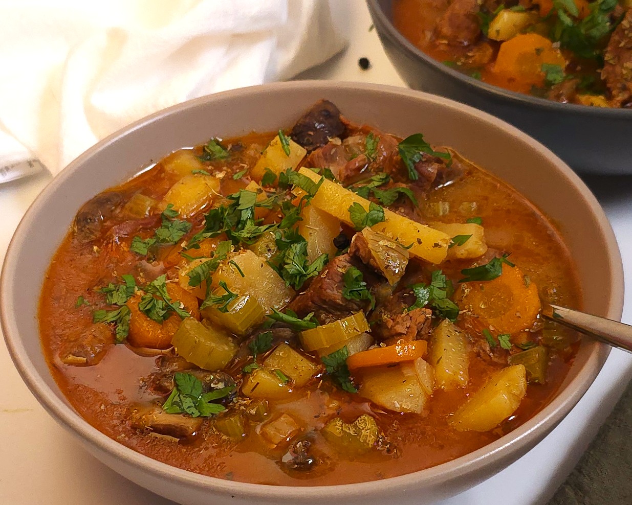 beef and veggie stew in a bowl