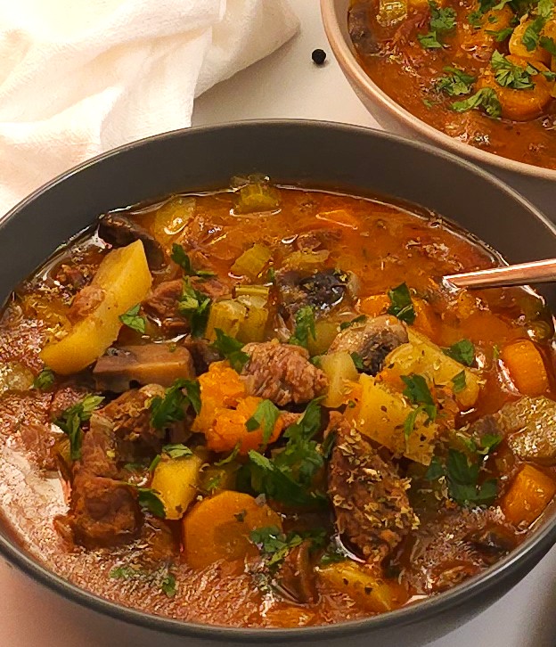 a bowl with a beef stew with vegetables