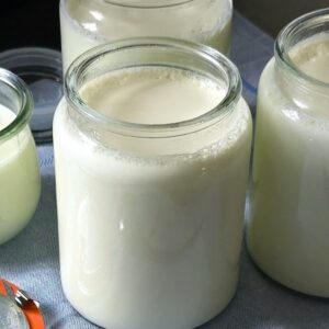 A close-up shot of glass jars filled with thick, creamy Bulgarian yogurt made with a 24-hour fermentation method.