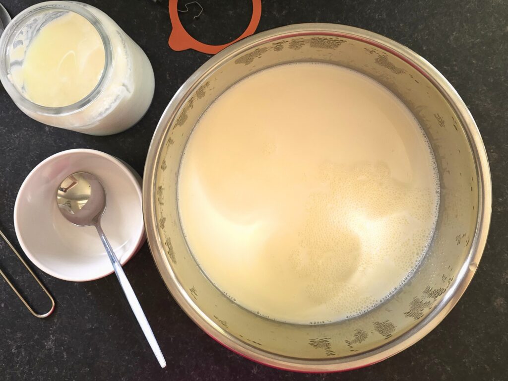 Warm milk in a bowl ready for yogurt making, with a jar of starter and a spoon beside it.