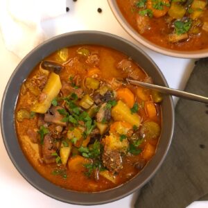 a top view of a bowl with beef stew