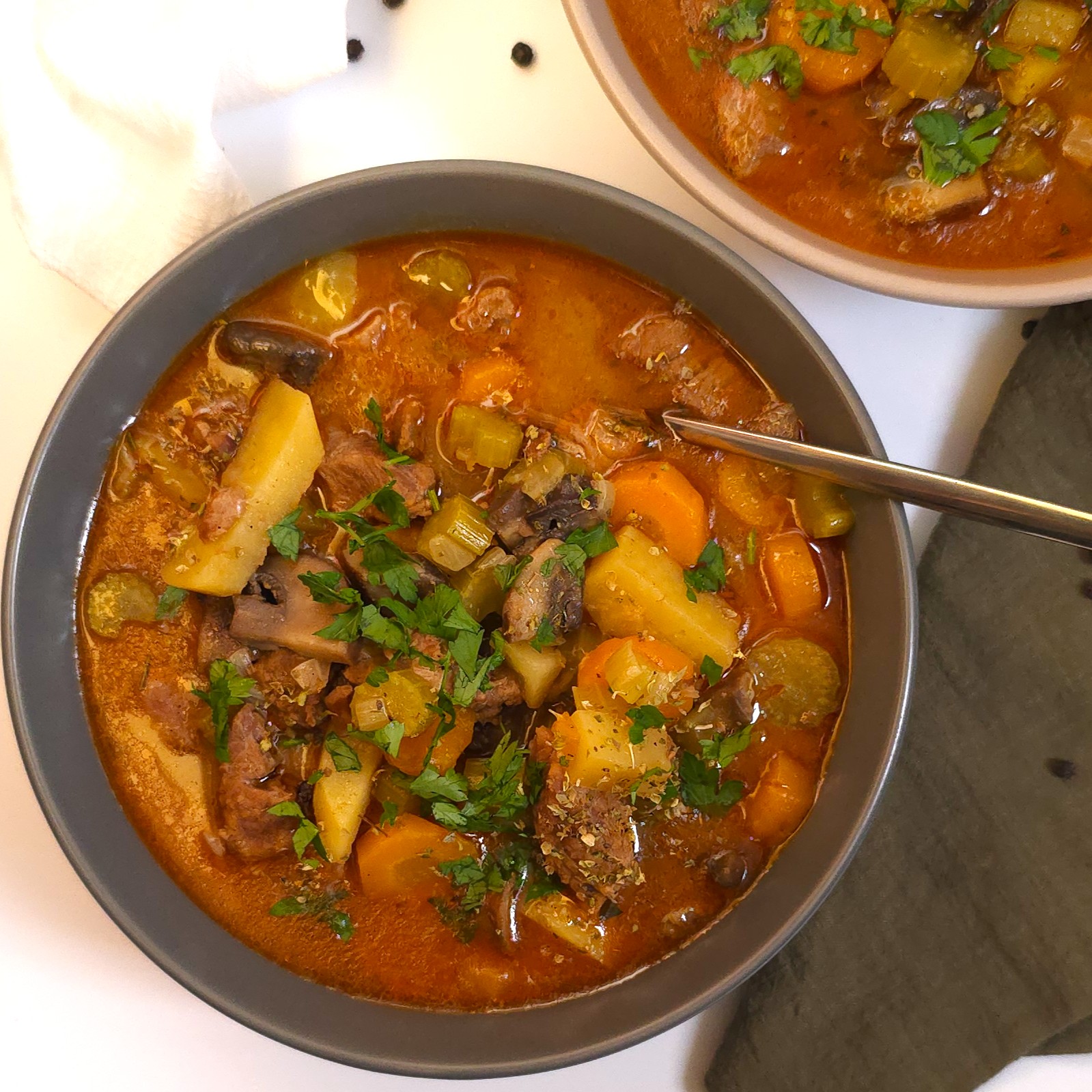 a top view of a bowl with beef stew