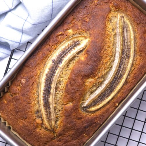 a gluten-free banana bread in a baking pan