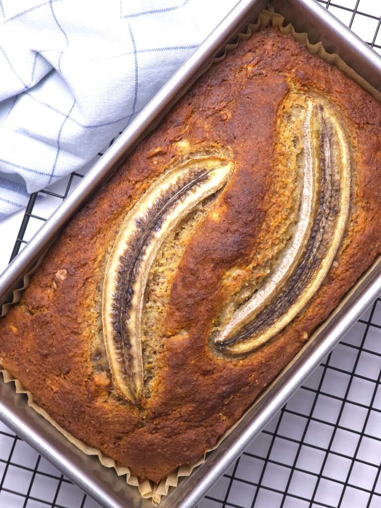 a gluten-free banana bread in a baking pan