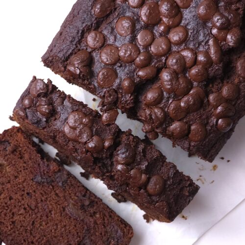 gluten free chocolate banana bread with ghee sliced on cooling rack