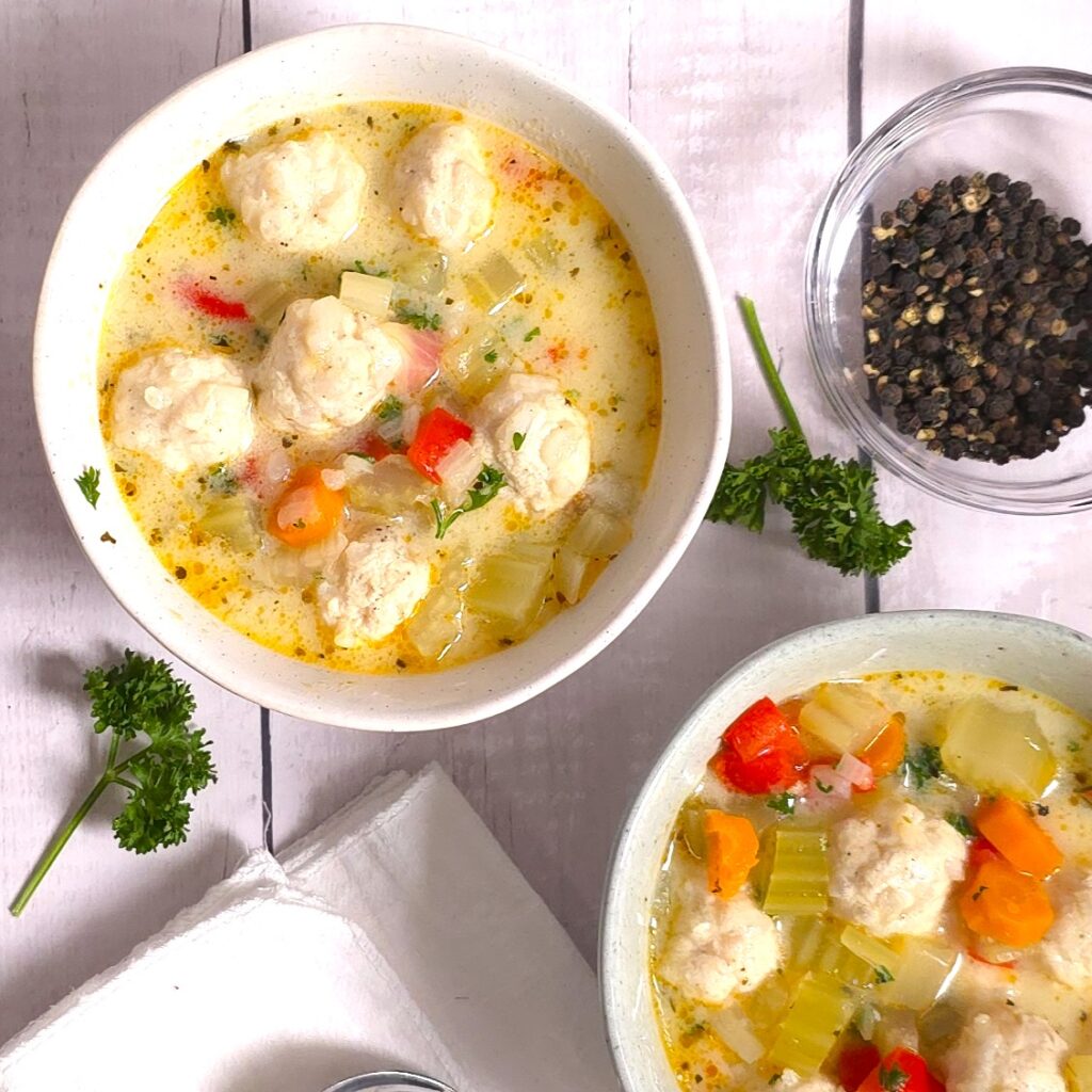 turkey meatball soup in stoneware bowls