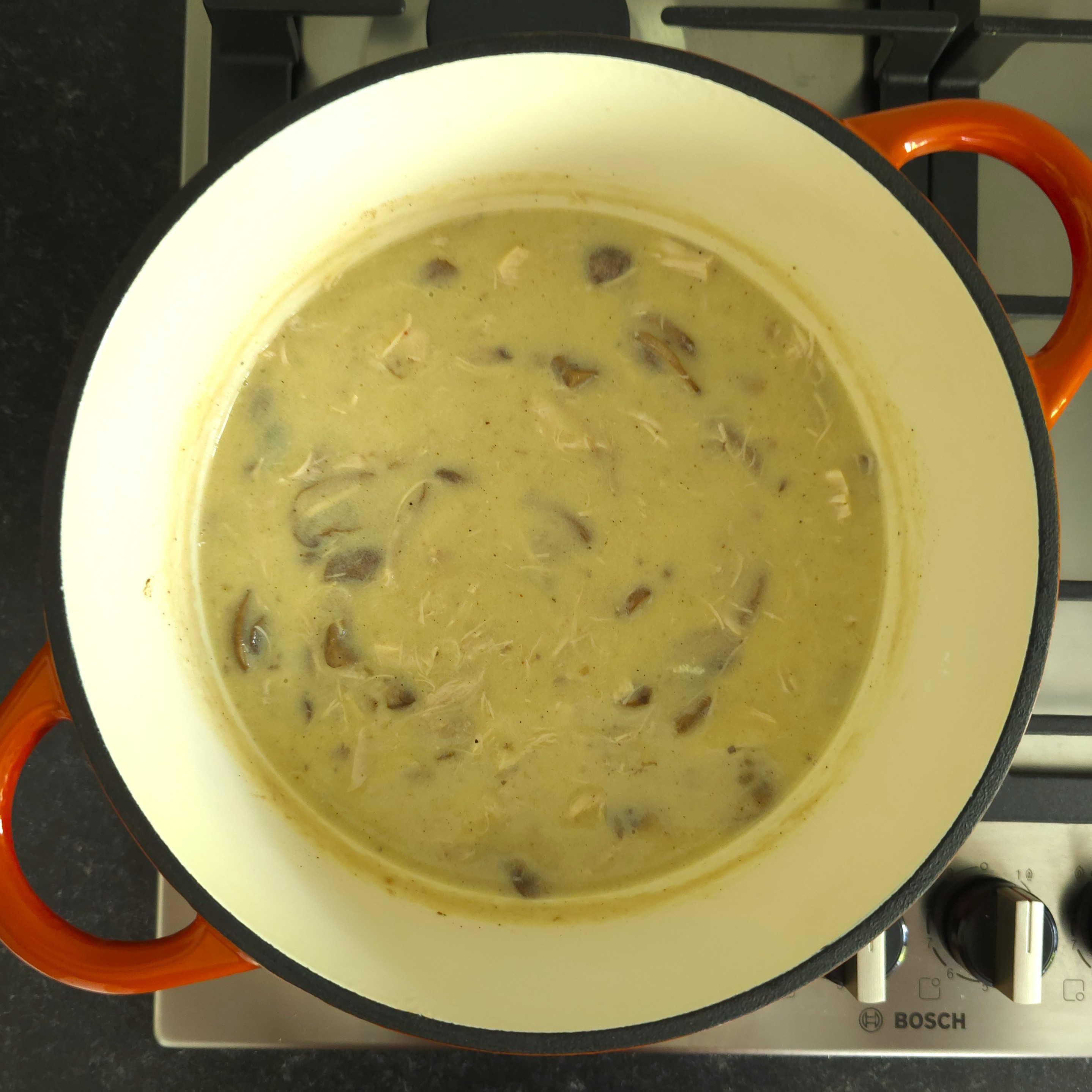 chicken mushroom fricassee in a pot