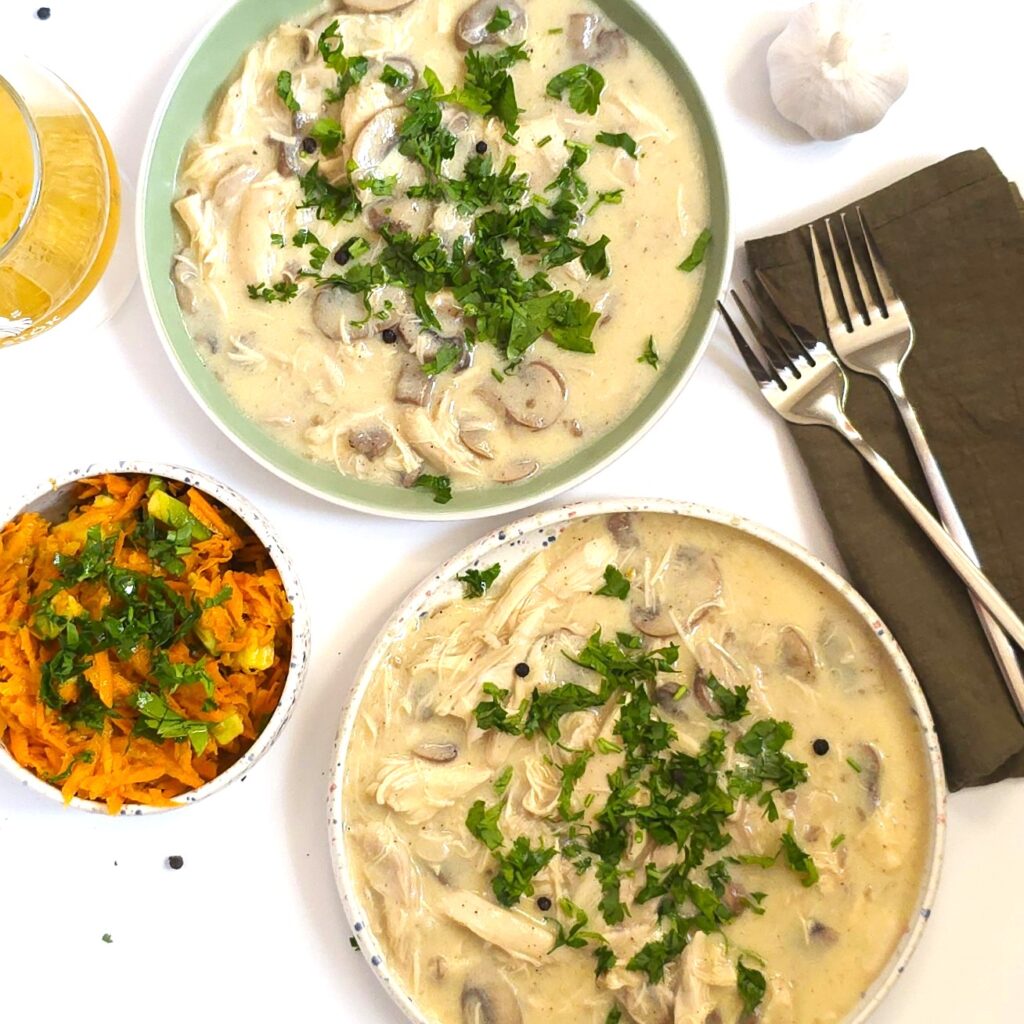 chicken mushrooms fricassee in plates