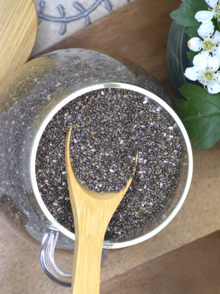 A jar with chia seeds, rich in omega-3, plant based protein fiber