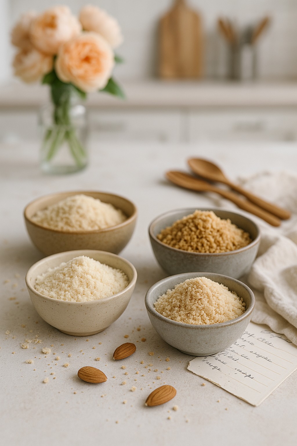 almond flour, almond meal and almond pulp in light coloured stonewashed bowls