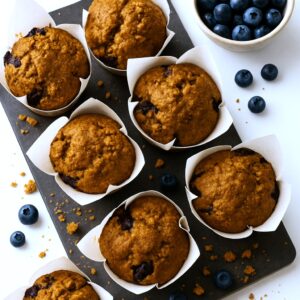 Blueberry muffins on cooling surface after baking