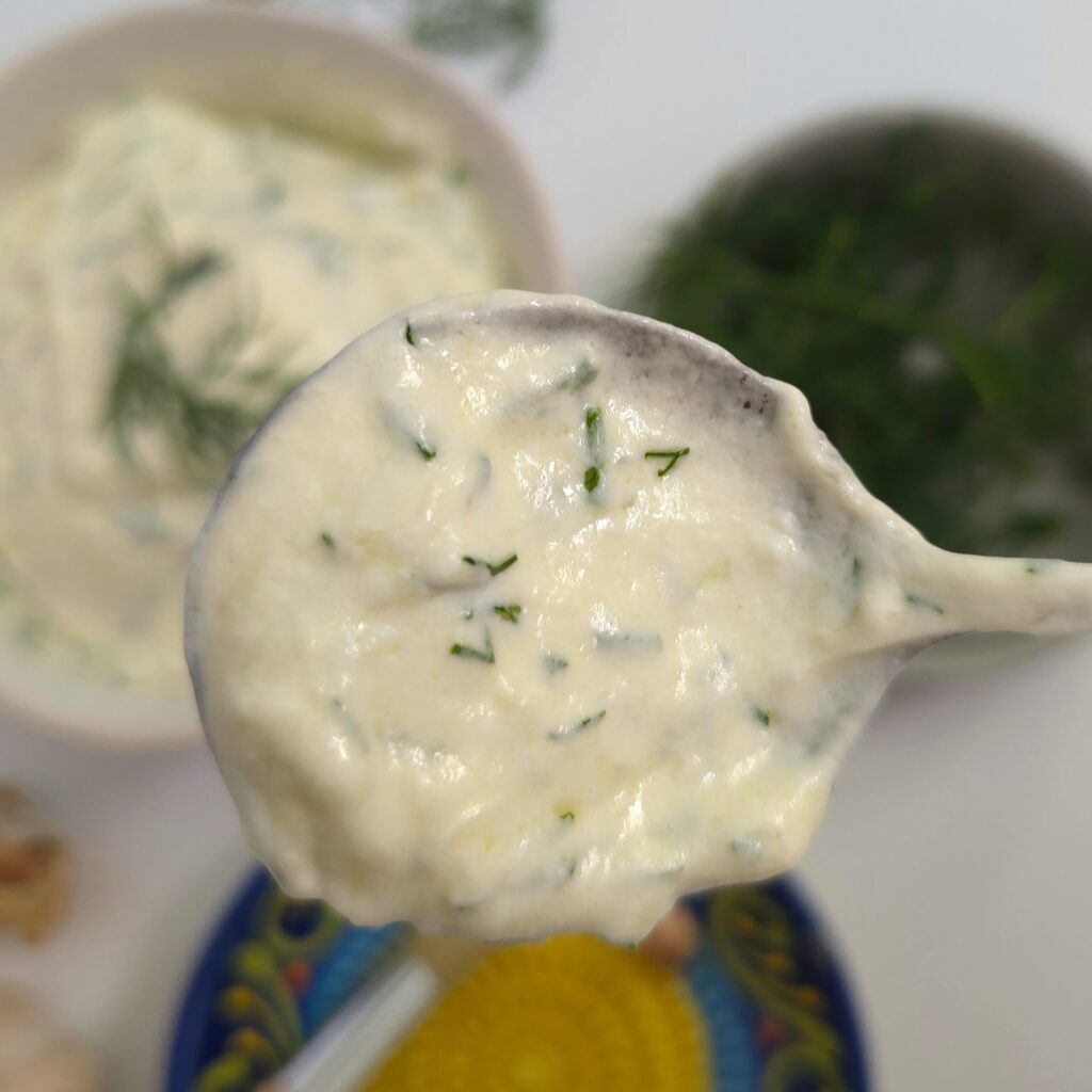 a close look to a spoon with an yoghurt dip