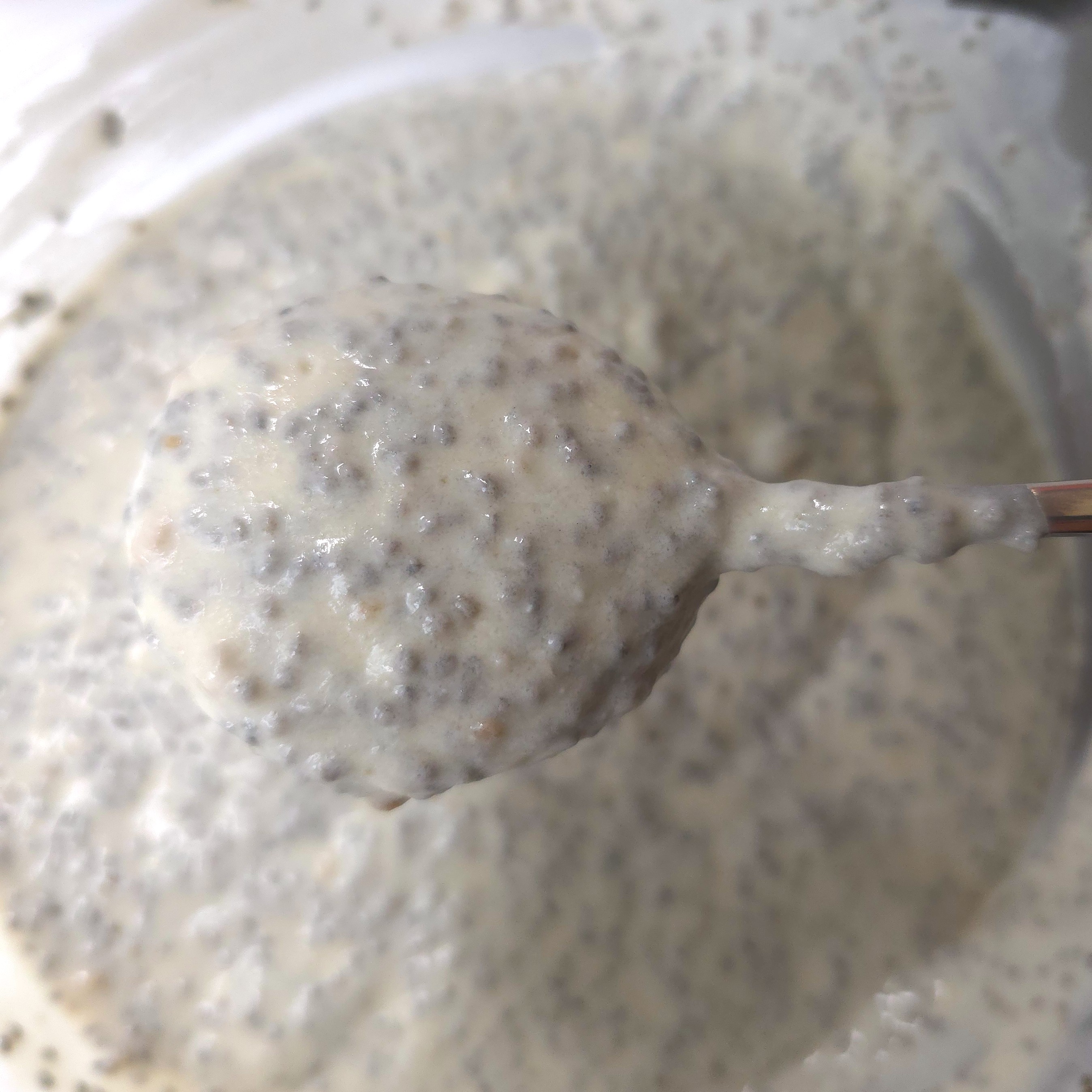 a close look of a mixture of chia seeds, yoghurt, psyllium husk and honey in a spoon