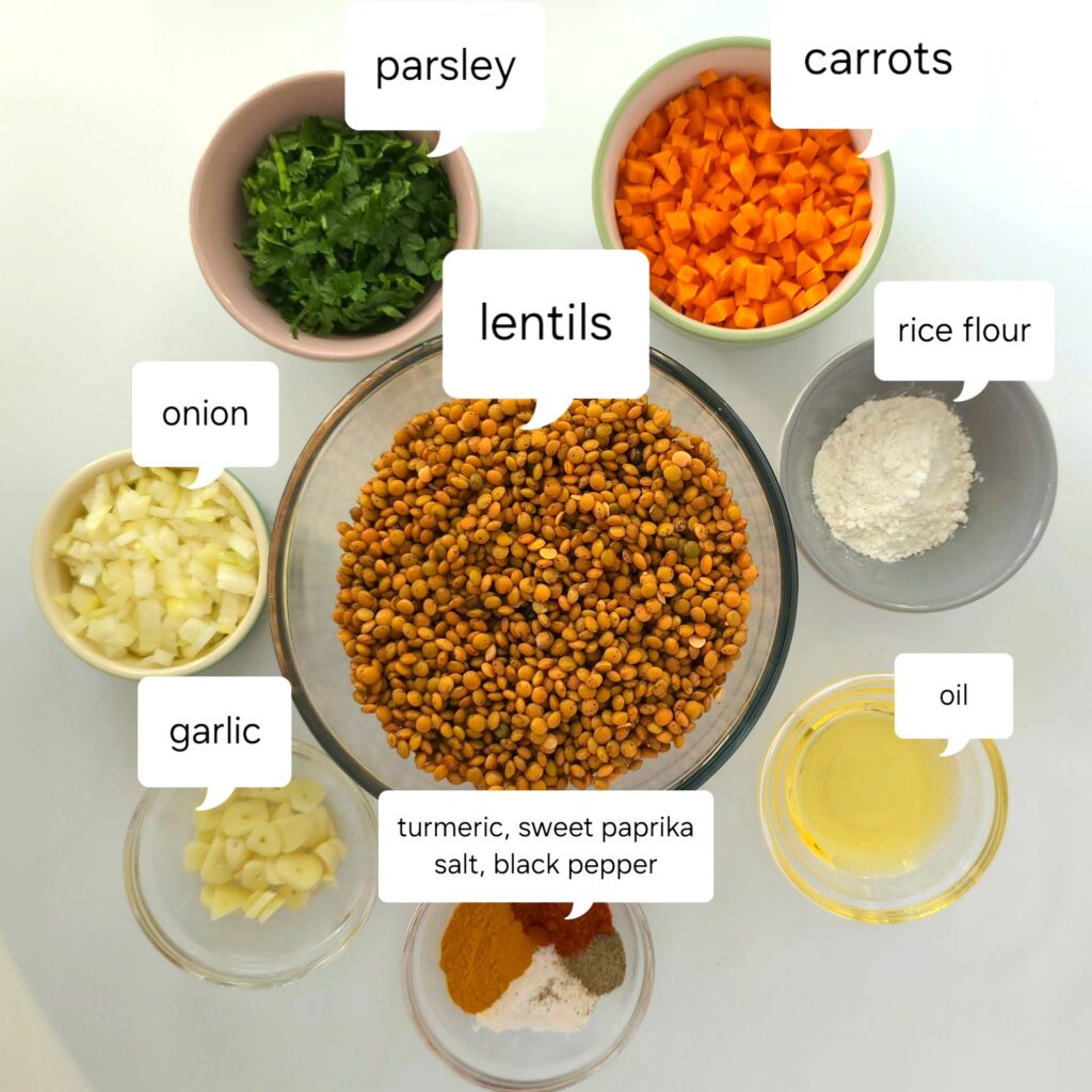 lentil soup ingredients in bowls 