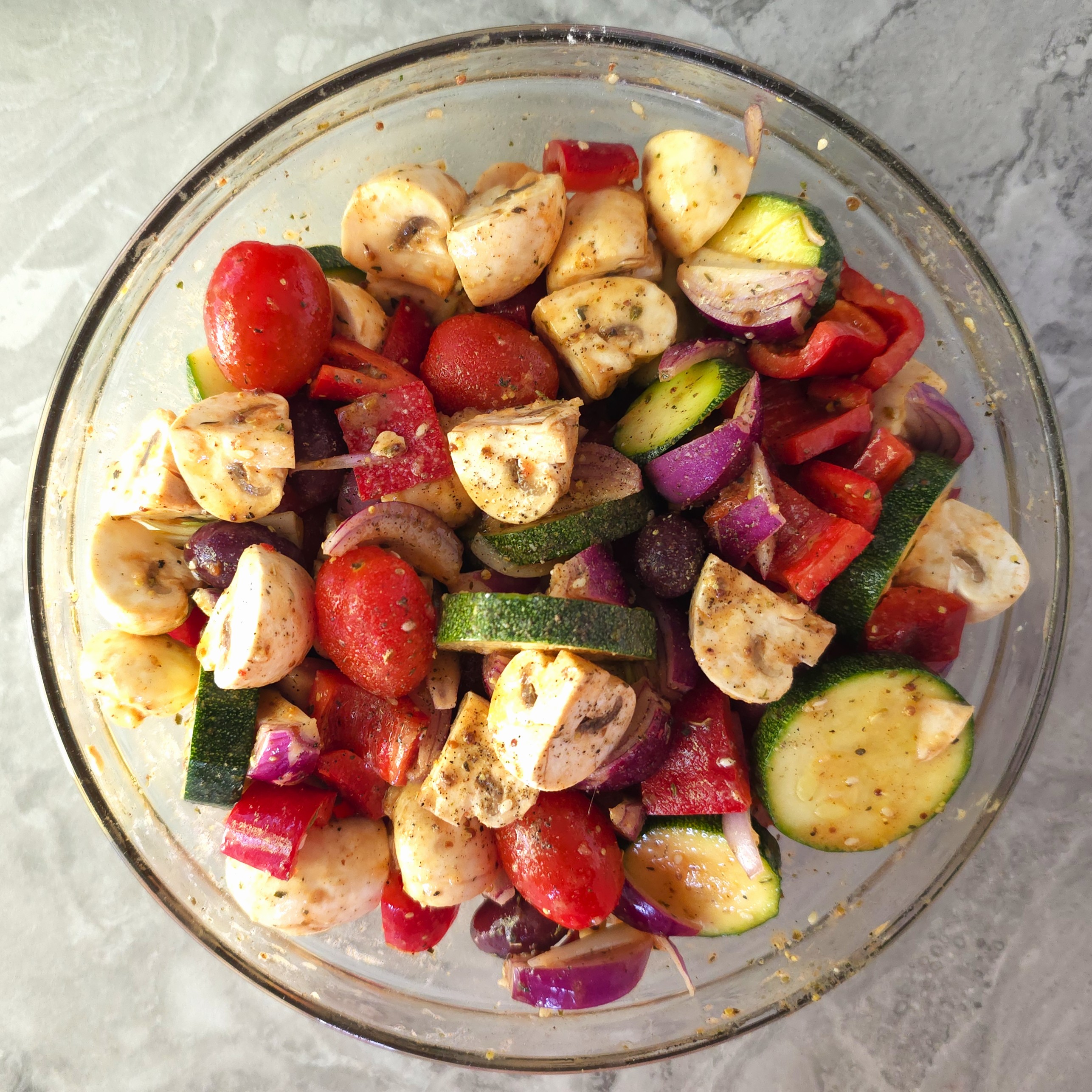 marinating the vegetables into the leftovers chicken marinate in a large glass bowl