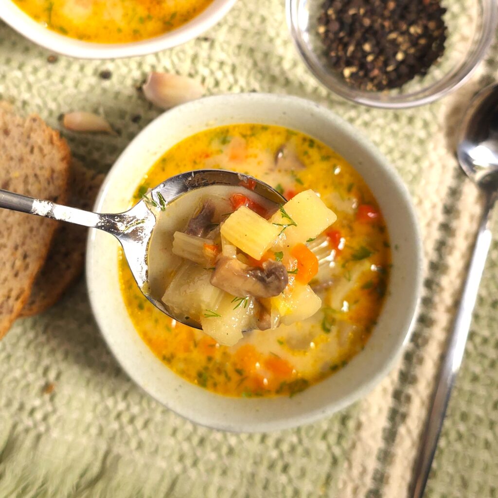 close look on a bowl with vegetable soup
