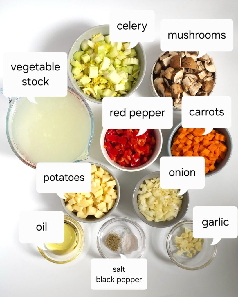 vegetable soup ingredients, chopped in bowls