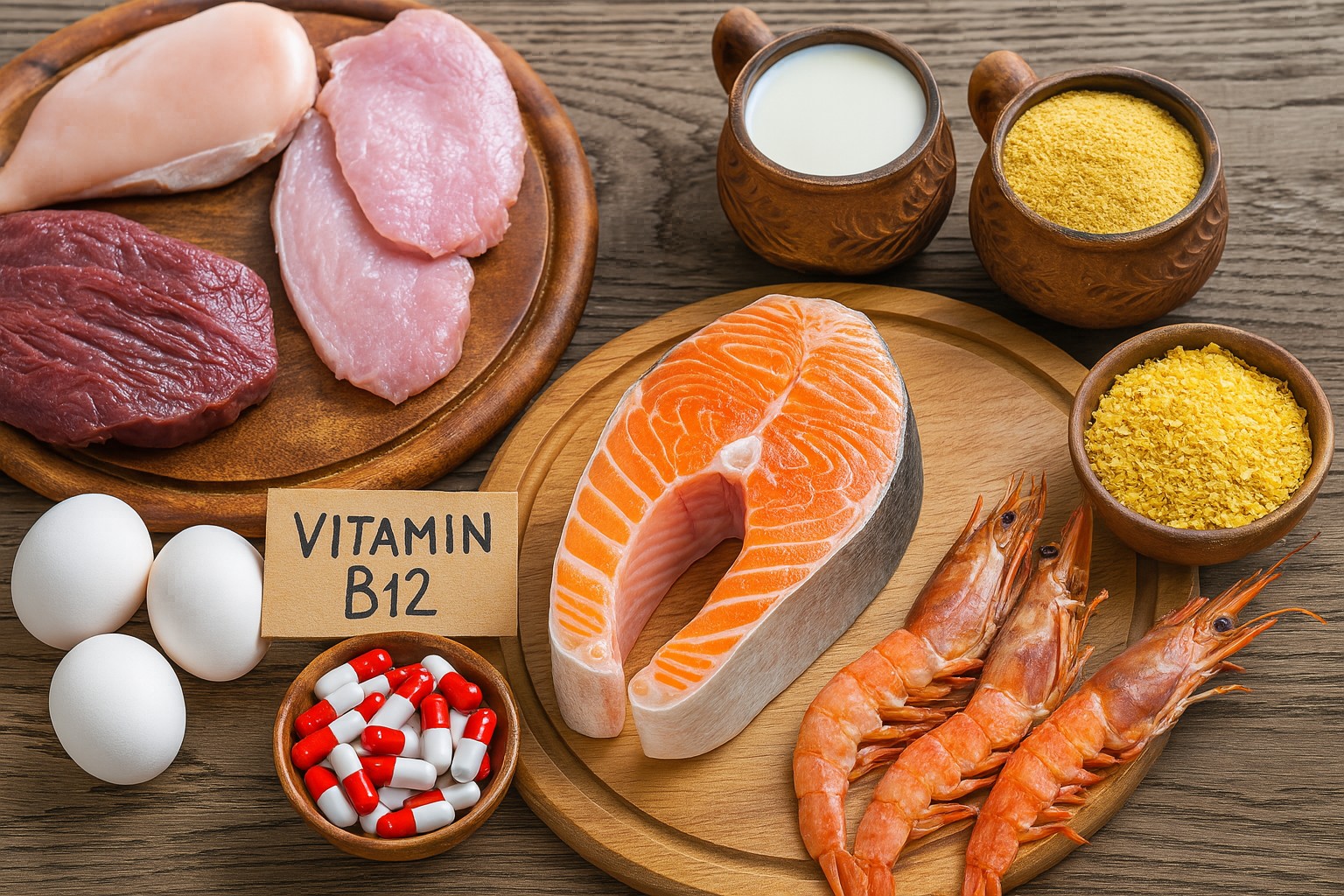 Foods rich in Vitamin B12, including fish, eggs, nutritional yeast, and supplements, are displayed attractively.