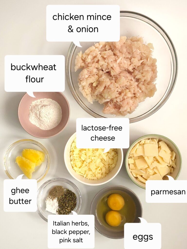 chicken meatballs ingredients in bowls