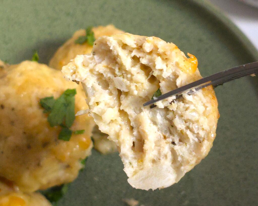 close look of the inner juisy chicken meatball