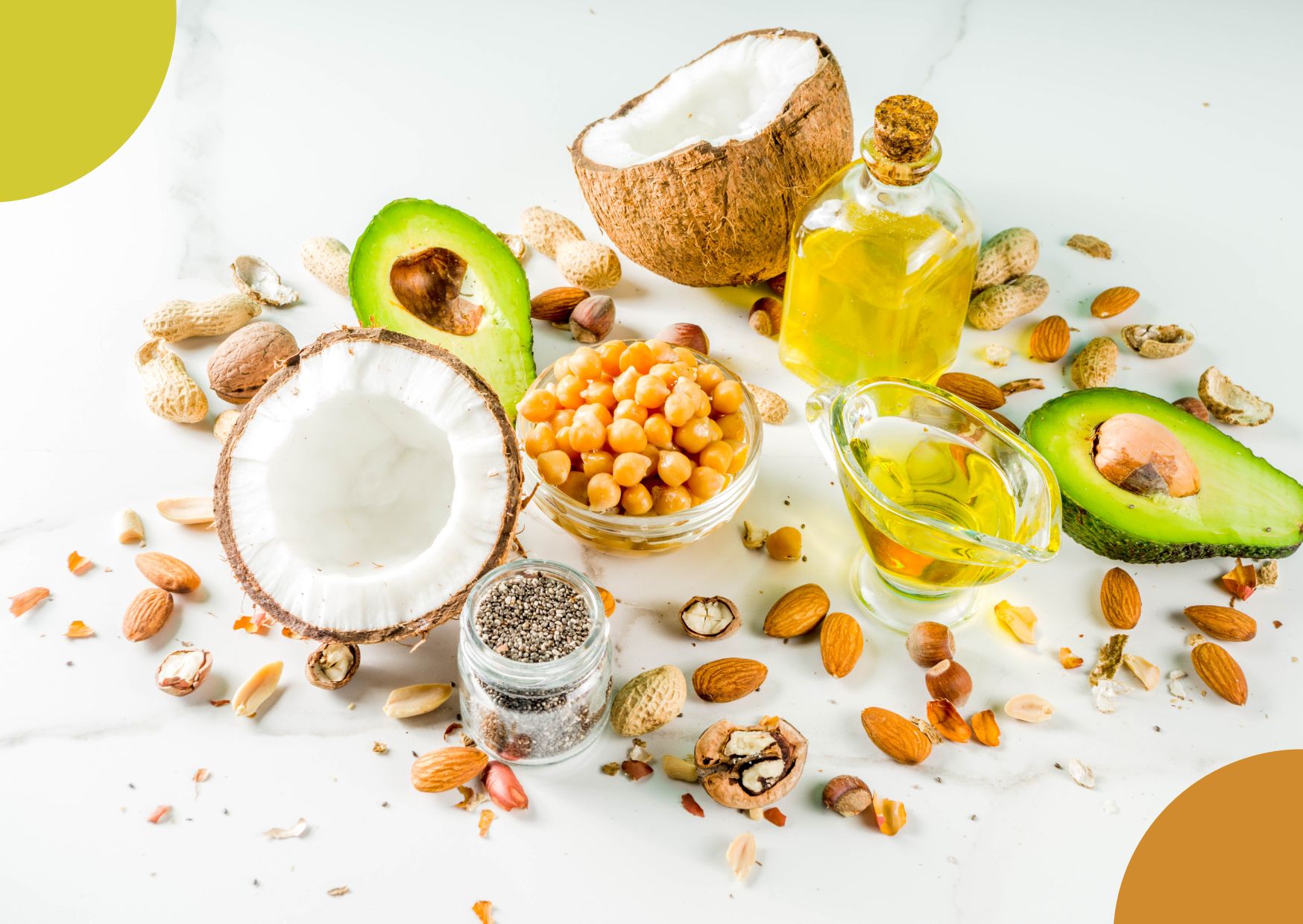 Assorted different types of dietary fats and ingredients.