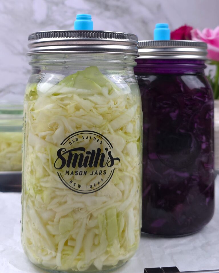 sauerkraut from white and red cabbage in two fermentation jars