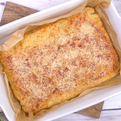 a gluten-free frittata in a white ceramic baking dish