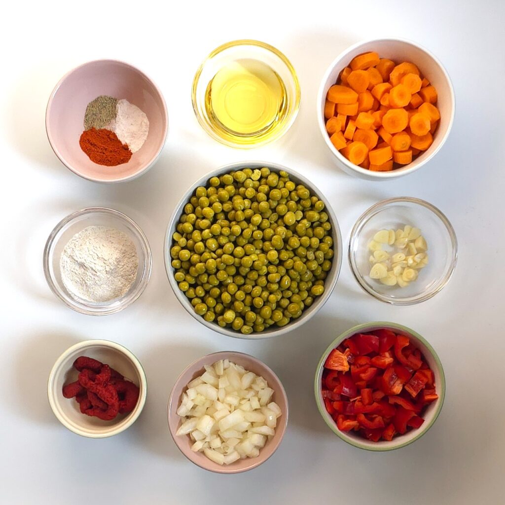pea stew ingredients in bowls