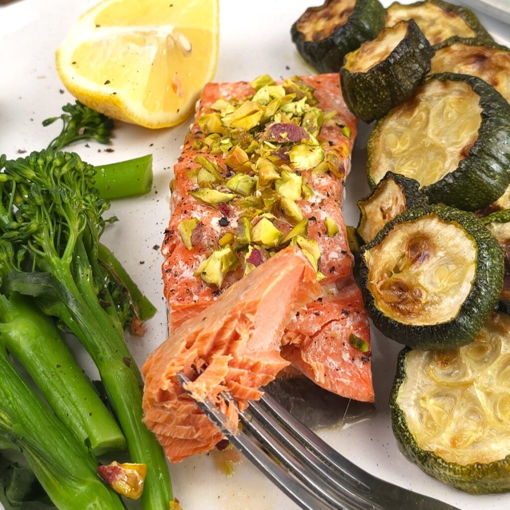 a close look of baked salmon in a plate
