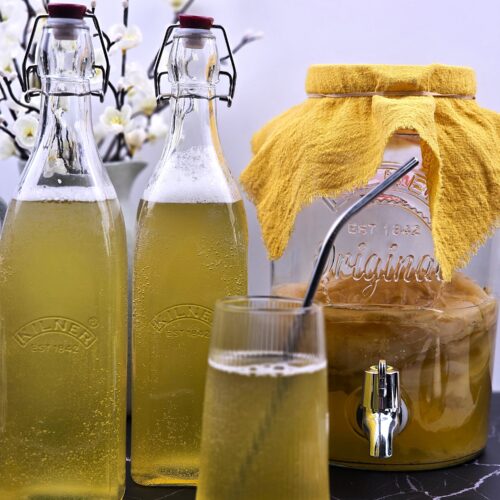 two bottles, a glass of kombucha next to 5L fermenting jar