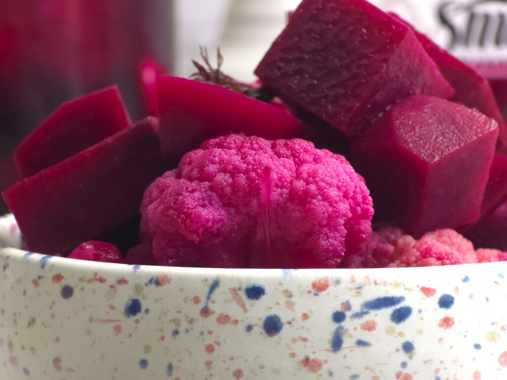 Colorful fermented beetroot and cauliflower