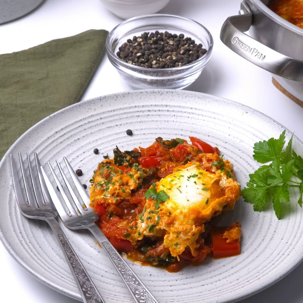 a plate with a portion of Mediterranean shakshuka recipe