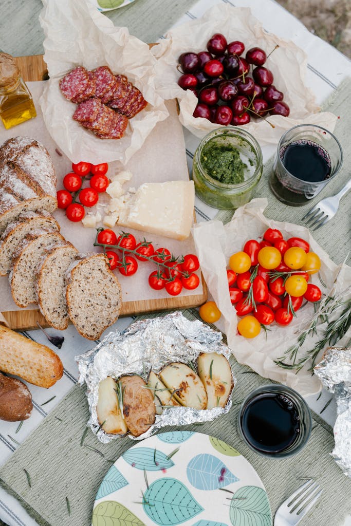Delightful Italian picnic with bread, cheese, tomatoes, cherries, and wine.