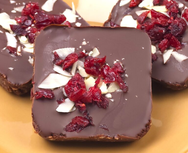 almond cranberry chocolate bars in a dessert plate