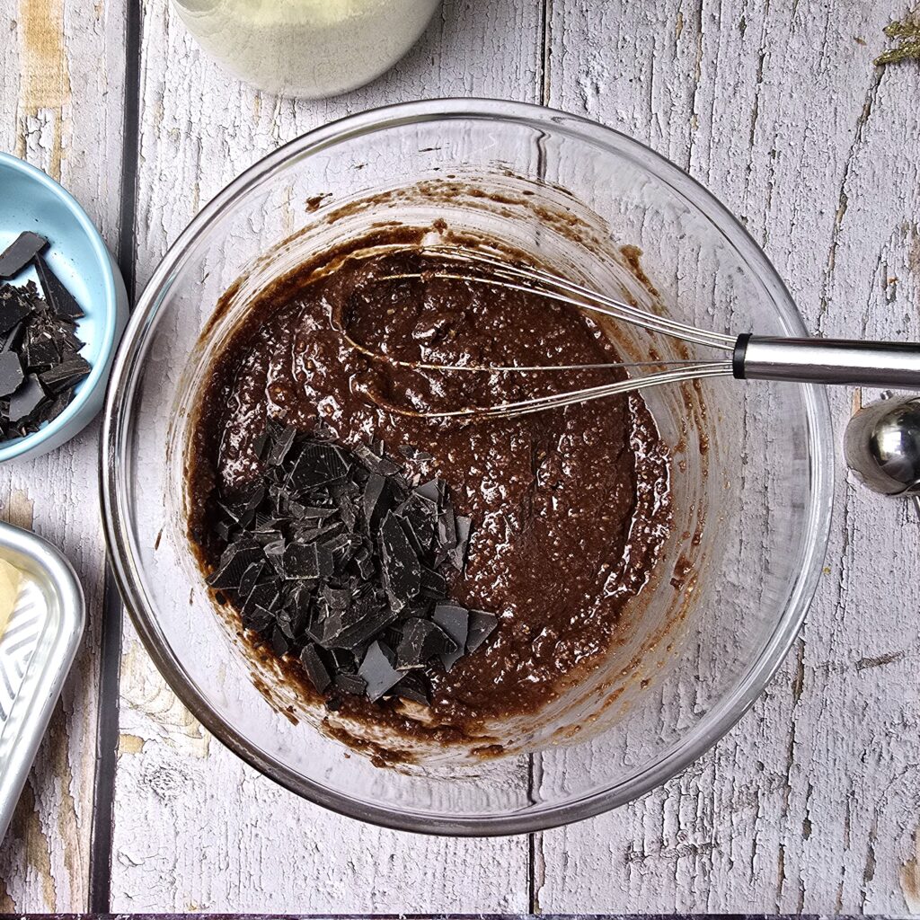 Chocolate batter with dark chocolate chunks