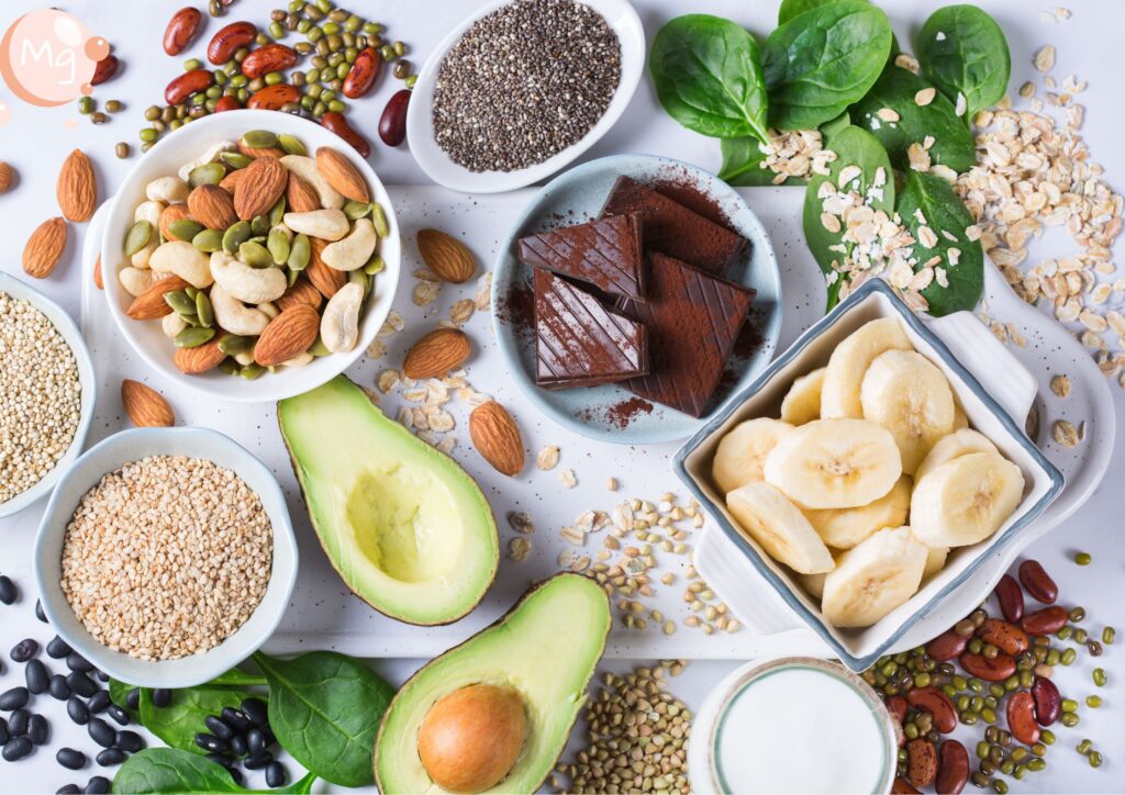 magnesium-rich foods, such as avocado, nuts, banana, chia seeds, sesame seeds, spinach, pulses and legumes
