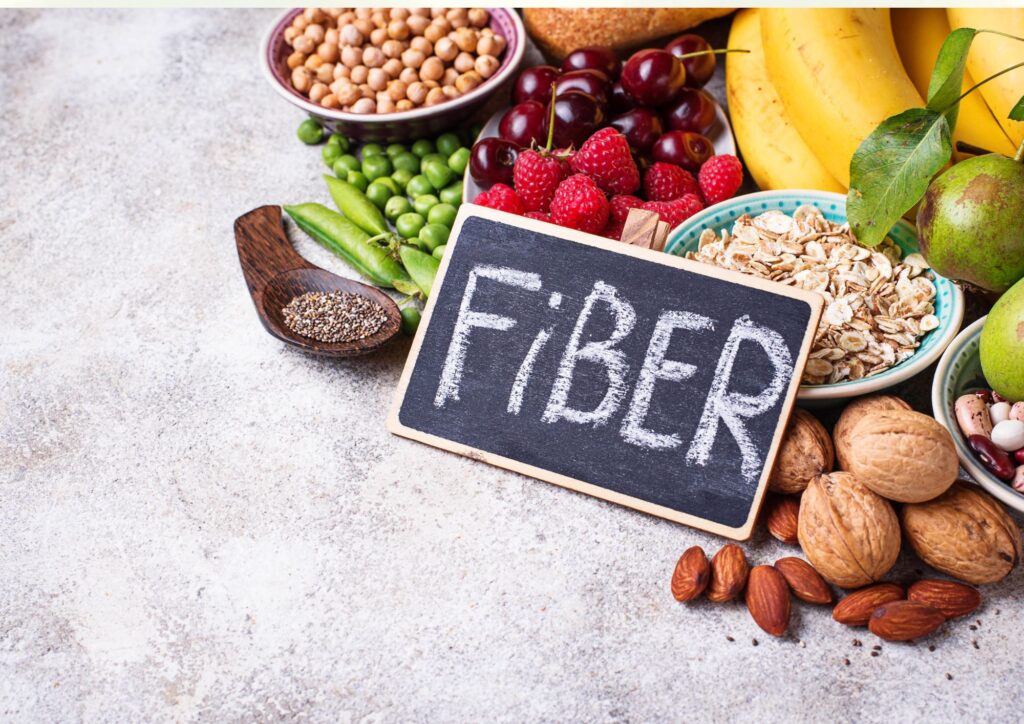 high-fiber foods displayed with a black board