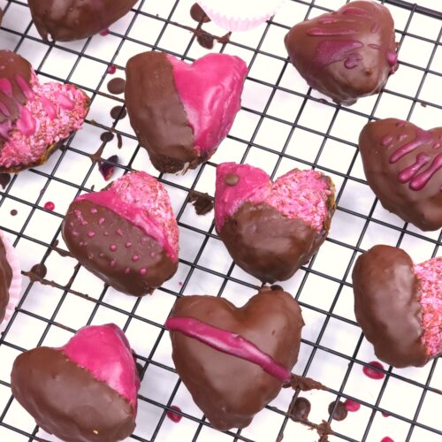 Heart-shaped chocolate raspberry valentines with pink decorations