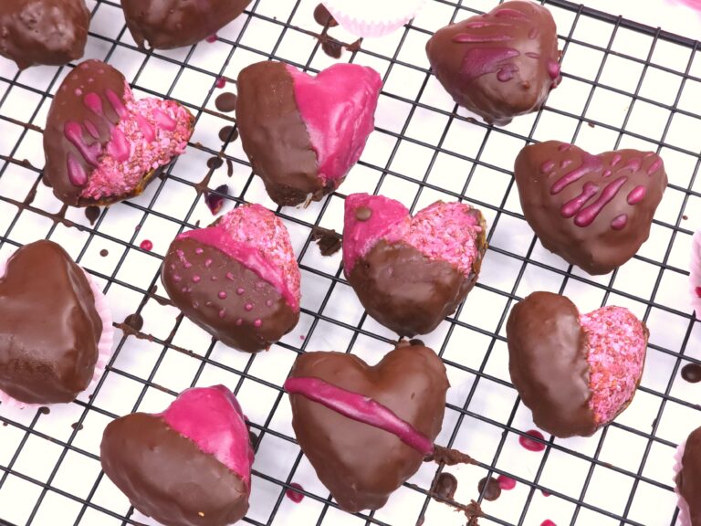 Heart-shaped chocolate raspberry valentines with pink decorations