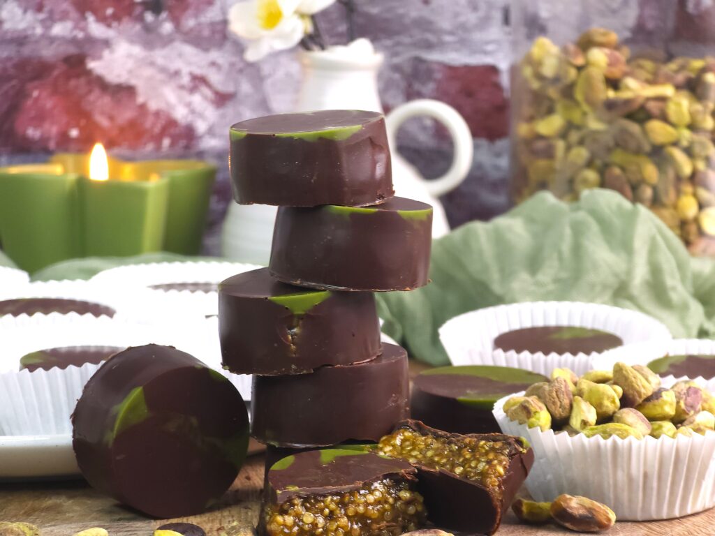 Gluten-free Dubai chocolate treats with pistachios and maple syrup