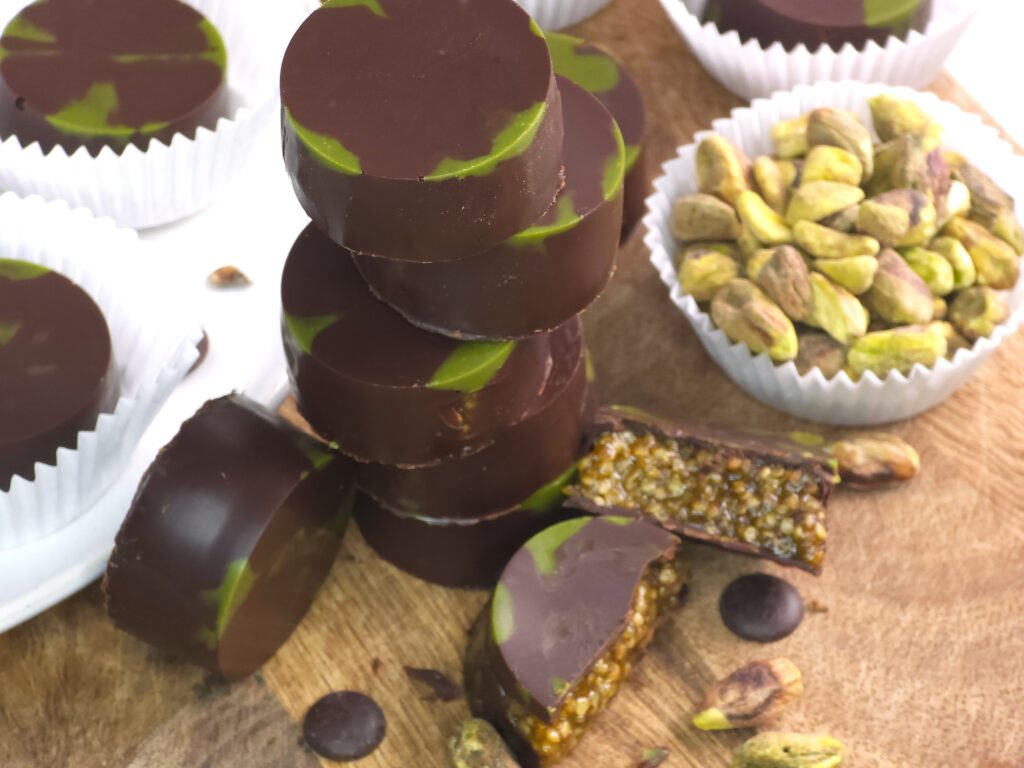 Gluten-free Dubai chocolate treats with pistachios and maple syrup