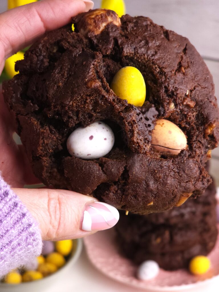 Chocolate cookie with colorful mini eggs