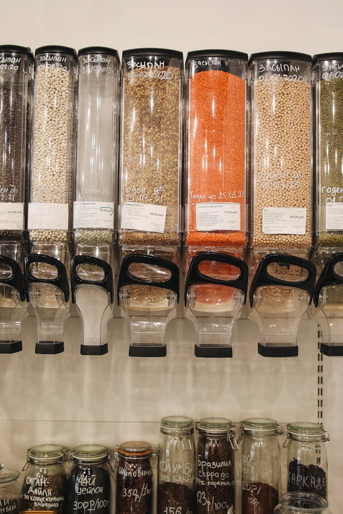 Bulk food dispensers with grains in a zero waste store promoting sustainable shopping.