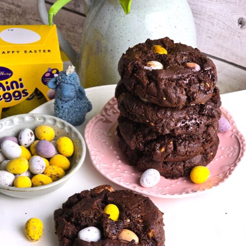 gluten-free chocolate mini egg cookies in a pink plate