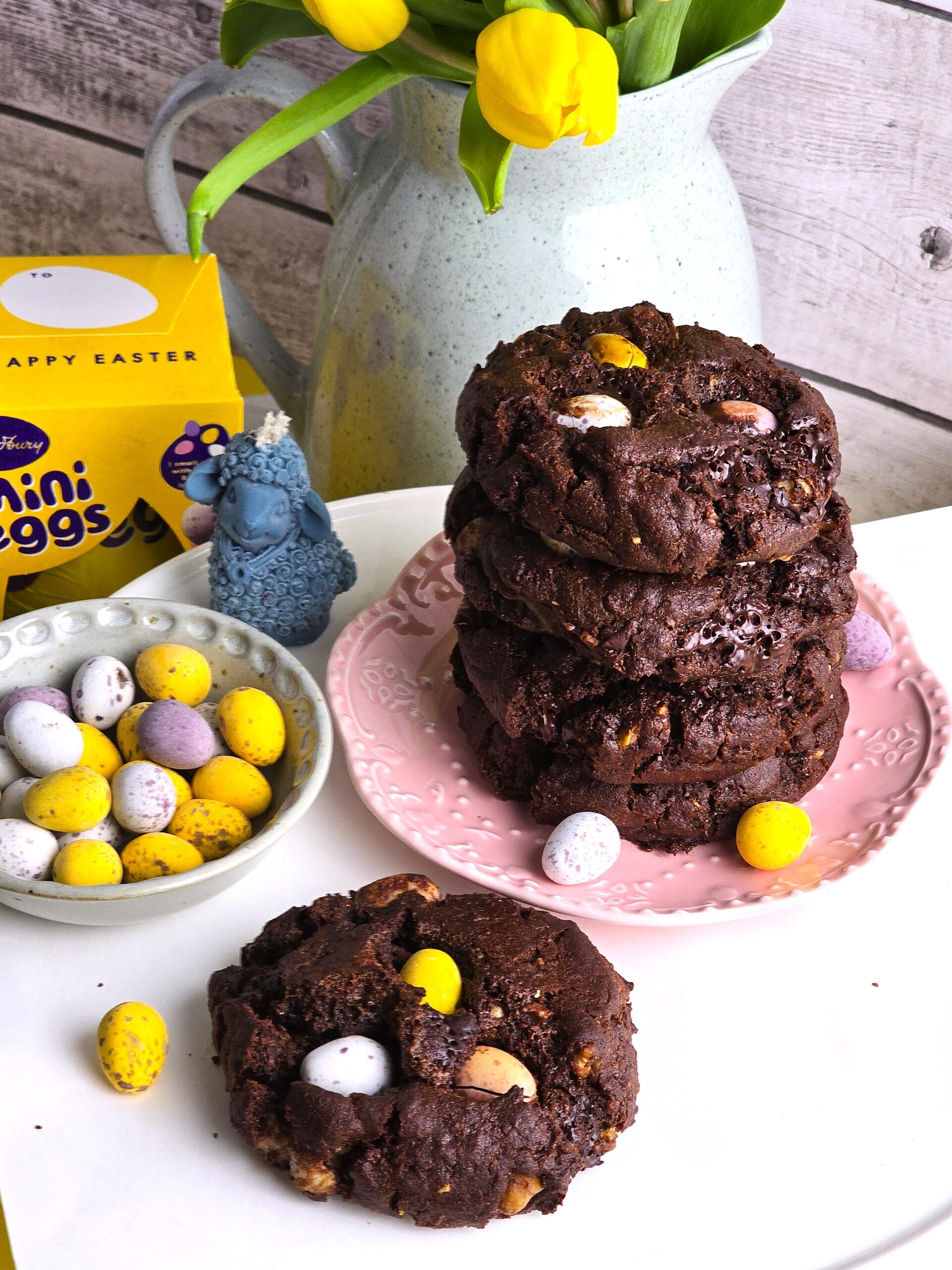 gluten-free chocolate mini egg cookies in a pink plate