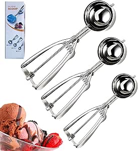 Three metal ice cream scoops displayed