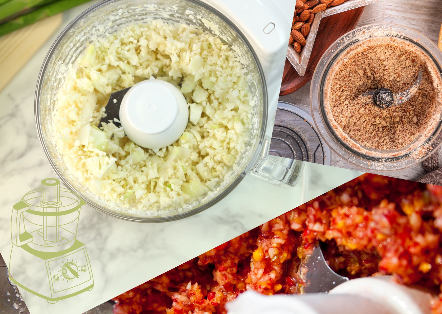Food processor recipe image shows different chopped foods