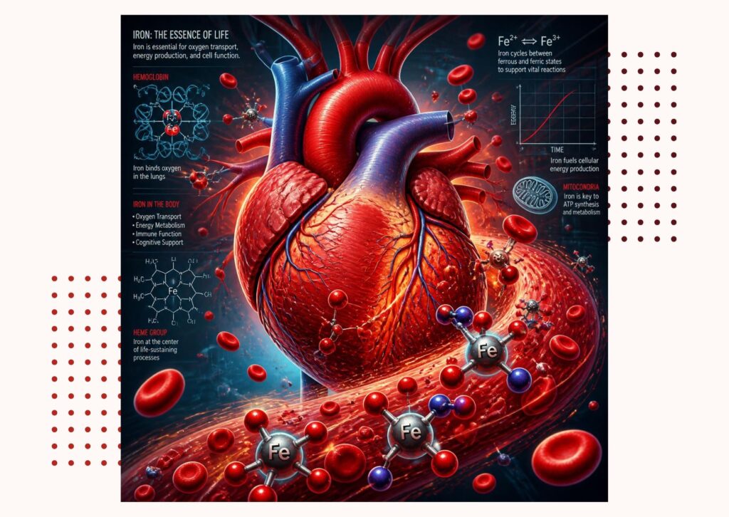 Graphic illustrating why do we need iron for cellular energy production and blood oxygen delivery