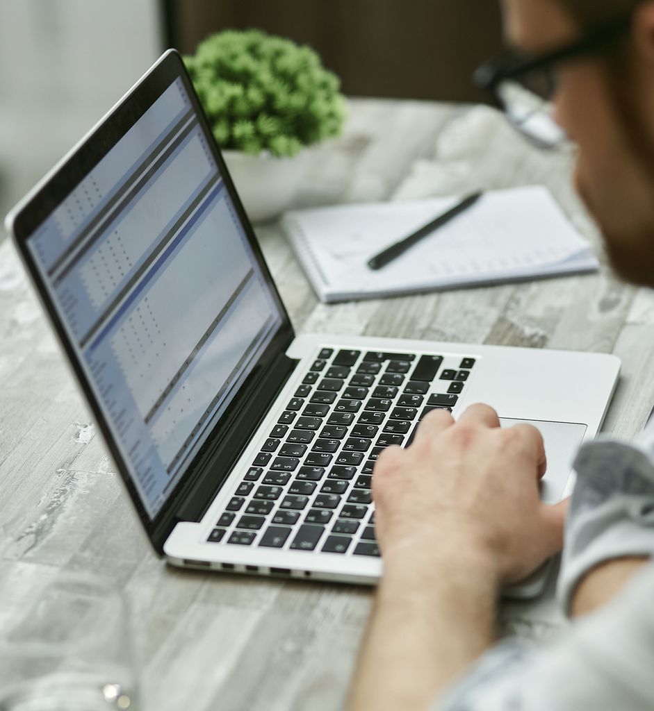 Focused individual typing on laptop at office desk with notepad and plant.